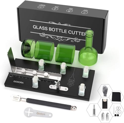 Godora Glass Bottle Cutter, Wooden Base DIY Kit with Dual Scales | Two Extra 3-6 mm & 6-12 mm Cutting Heads, Stable Steel Backstop, Handheld Glass Cutter, Sanding Tools & DIY Accessories