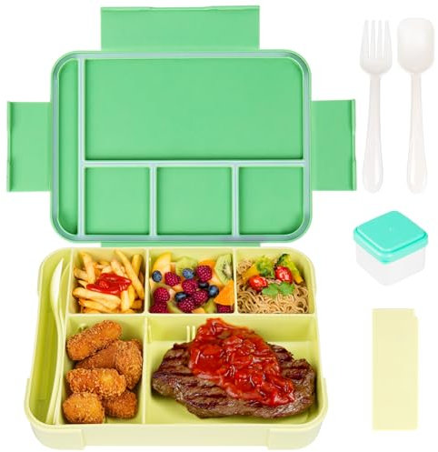 QCQHDU Brotdose Kinder mit Fächern,1330ml Lunchbox Kinder, Auslaufsicher Jausenbox mit 6 Fächern Besteckset,BPA-frei Bento Box Erwachsene,Mikrowellenfest für Schule Arbeit Picknick(Grün)