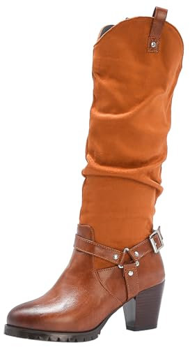 Joliss Donna Tacco Medio Stivali con Imbracatura Punta Rotonda Senza Chiusura Stivali a Metà Polpaccio Retrò Tacco a Blocco Stivali Morbidi Chocolate Numero 39 EU/40Cn