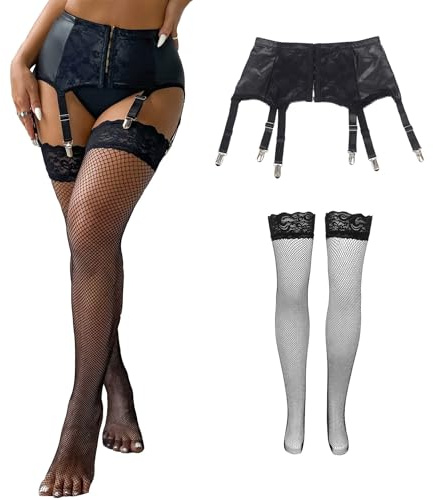 ohyeahlady Strapsgürtel mit Strümpfe Damen Sexy Kunstleder Strapshalter mit 6 Metallclips Punk Breit Strapsen Dessous Set Wetlook Strumpfhalter Große Größen Strumpfband(Schwarz,XL)