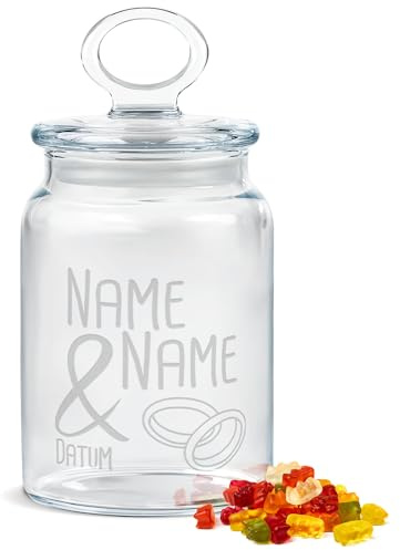 Print Royal PR Personalisierte Keksdose aus Glas mit Gravur zur Hochzeit - 800 ml - Ringe mit Namen und Datum als Geschenk zur Hochzeit | Personalisiertes Geschenk Ideen Hochzeitsgeschenk