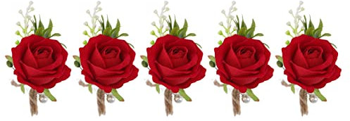 Nachukan 5 Stück Künstliche Rosen-Boutonniere Für Hochzeit, Blumen-Anstecknadel aus Kunststoff Für Bräutigam Und Braut, Feste Knopflöcher Für Die Hochzeit(Rot)
