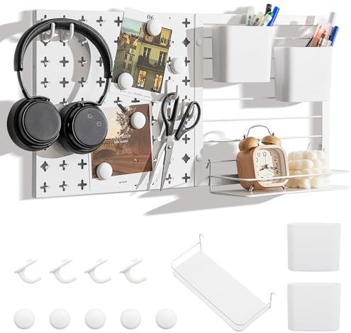COSTWAY Pegboard Combination Kit, Metal Wall Organiser Board with 2 Storage Containers, 1 Storage Rack, 5 Magnets & 4 Hooks, Wall Mount Display Peg Board Panel Kits for Home Office Garage