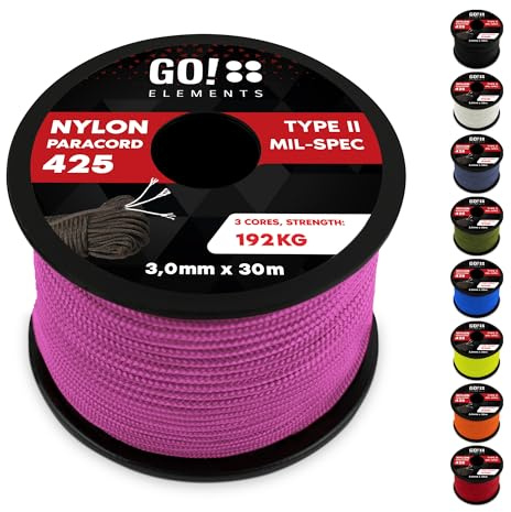 GO!elements Paracord Seil aus reißfestem Nylon - 3mm Paracord 425 Typ II max. 192kg - Schnüre als Outdoor Seil, Allzweckseil, Survival Seil, Armband, Hundeleine, Nylonschnur
