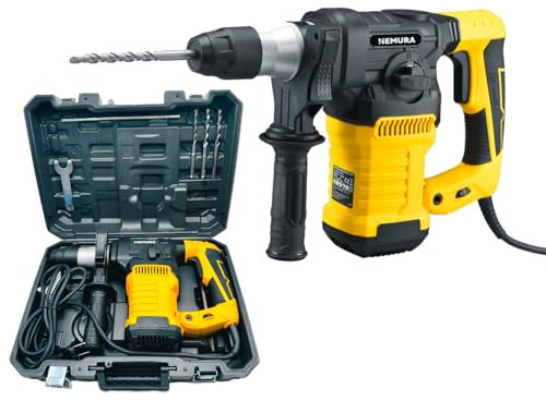 Nemura Martello perforatore 1500 W Impact 6 Joules - 3 in 1 Foratura, a Martello e Cesellatura - Tutti i tipi di Supporto - Fornito con valigetta e Accessori - Qualità Professionale - Marca Francese