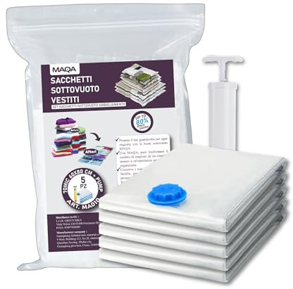 MAQA Sacchetti Sottovuoto Vestiti per Indumenti con Pompa a Vuoto - Sottovuoto Riutilizzabili per Coperte, Piumoni, Cuscini, Lenzuola - Sacchetti Salvaspazio e per Viaggio (60x80 cm, 5 unità)