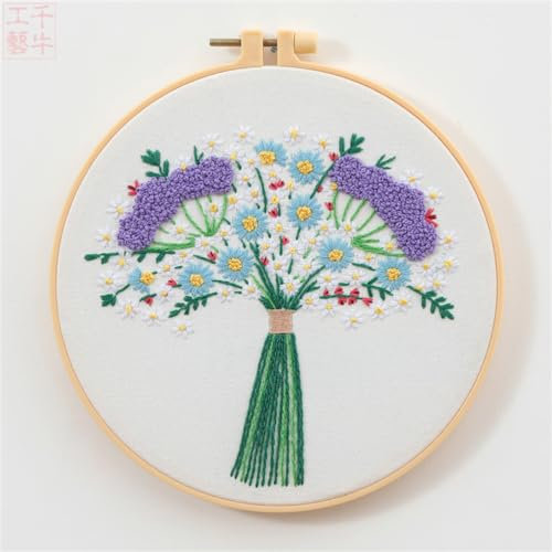 Meecaa Grüne Blumen-Chrysanthemen-Stickerei-Set, Starter-Set, Handstickerei-Set, gemustertes Kreuzstich-Set für Anfänger und Erwachsene, mit Stickrahmen und Anleitung (Grün)