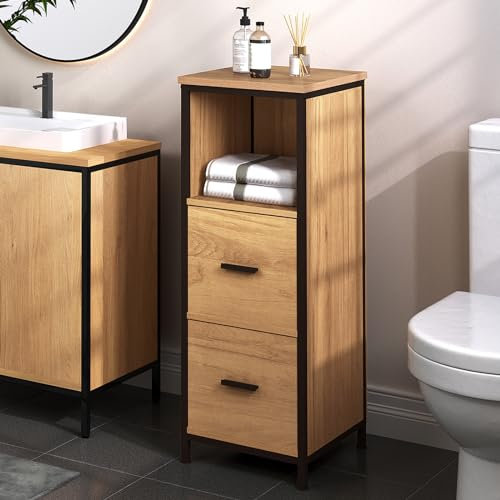 EUGAD Badezimmerschrank mit 2 abnehmbaren Schubladen, Badschrank schmal, multifunktionaler Aufbewahrungsschrank Eckschrank, Industrie Stil, mit Metallrahmen, Schwarz helle Eiche, 30x80x30 cm