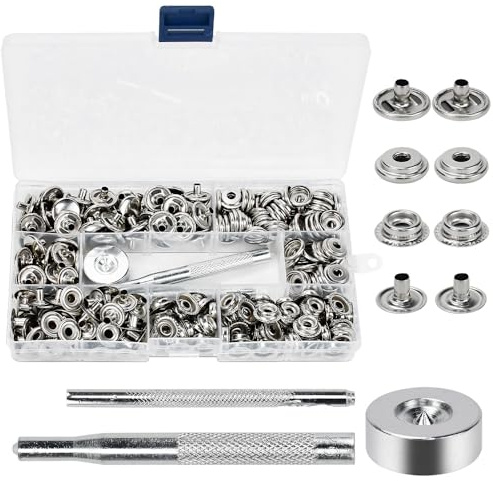HEKOBAG 200 Stück Druckknöpfe Set Snap Fastener 15mm Druckknöpfe Metall Kleidung Druckknopf Canvas Snaps Fastener Kit mit Fixierwerkzeug für Kleidung Leder Jeans Nähen