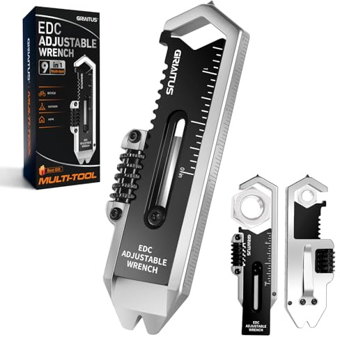 Small Multitool Wrench 9 in 1 Pocket Adjustable Wrench for Screw with Mini Pry Bar Nail Puller Keychain Tool Caliper Measuring Ruler Glass Breaker EDC Gadget Survival Gear for Men Cycling Hiking