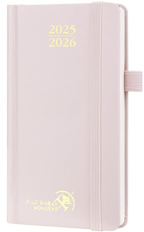 POPRUN Taschenkalender 2025 2026 Klein 16,5 x 9 cm (Aug.2025-Dez.2026) - Kalender 2025 2026 Klein Hardcover - Terminplaner, Planer 1 Woche 2 Seite mit Innentasche - Hellrosa