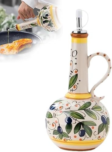CASIOUE Ceramic Olive Oil Dispenser Bottle，23OZ Hand Painted Olive Oil Bottles, Decorative Italian Ceramic Olive Oil Dispenser f，with Stainless Steel Spout for Oils, Sauces, Vinegar(1 piece)