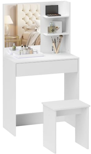 HOMCOM Postazione Trucco con Specchio e Sgabello 75x40x137 cm Bianco | 3 Ripiani e Cassetti, Toeletta Trucco da Camera, in Truciolato