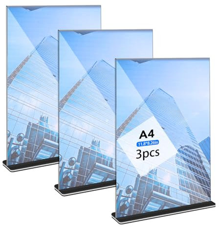 Hemiks 3 Stück Tischaufsteller A4, Transparent Acryl Aufsteller A4 Preisschilder Aufsteller Doppelseitig T-Ständer Acryl Tischständer A4 für Menükarte Prospekte Werbung Restaurant Café Büro