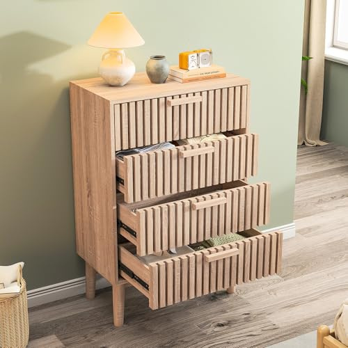 BRILVERDE Byrå med 4 lådor, byrå och skänk, trä, förvaringsskåp, komod, träbyrå för sovrum, barnrum, hall, entré (4 lådor)
