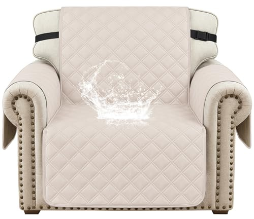 YSTELLAA 100% Wasserdicht Sesselhusse 1 Sitzer, Sofabezug rutschfest, Gesteppte Sofaüberzug Mit Seitentaschen, Couchschoner, Couch Überzug Kratzfest Für Haustiere Hunde Katzen, Beige