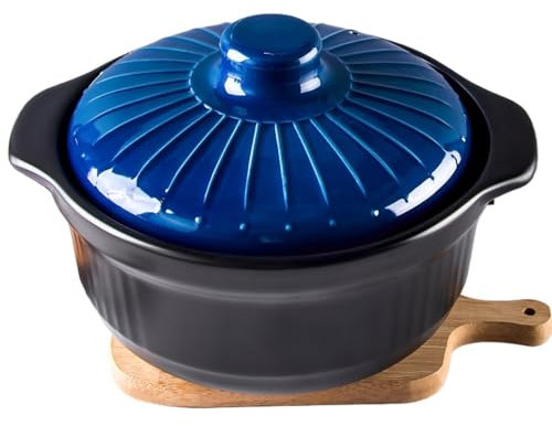DUANSIYU Tegame Terracotta Casseruola in Ceramica da 3400 ml, casseruola in Ceramica con Motivo in Rilievo Blu, Resistente alle Alte Temperature Pentola in Ghisa con Coperchio