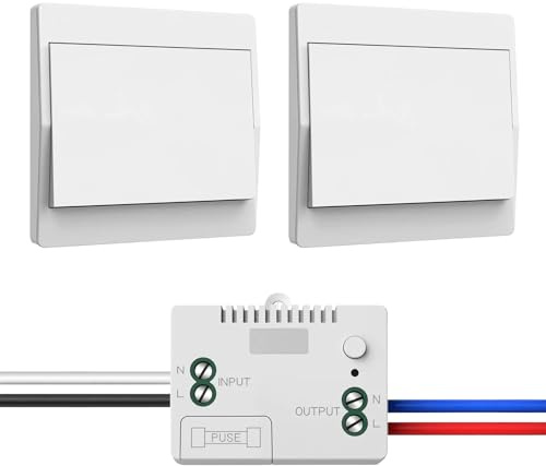 Set d’interrupteurs sans fil 230V, interrupteur sans fil – aucune batterie requise, interrupteur mural étanche, contrôlez votre lampe jusqu’à 200 m de distance (1 récepteur et 2 panneaux de commande)
