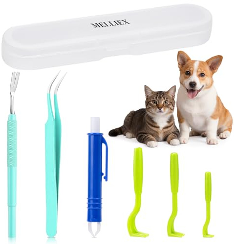 MELLIEX 6pcs Tire Tique Pince à Tiques en Acier Inoxydable, Tique Remover Stylo Anti-Tiqueet Crochet à Tiques en Plastique avec Boîte pour Chiens, Chats et Humain - Vert