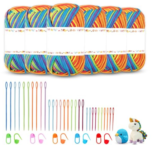 6 Stück Wolle zum Häkeln Nähnadeln und Stecknadeln: Wolle Baumwolle zum Häkeln dicke Wolles geeignet für Anfänger Wolles zum Stricken Häkelgarn Chenille Baumwollgarn zum Häkeln Bunte Streifen