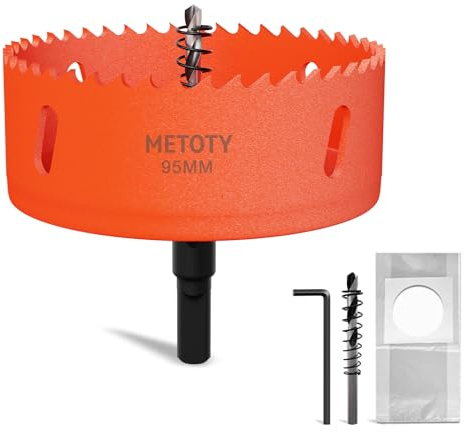 METOTY 95mm Bi-Metal Hole Saw,Universal HSS M42 Hole Saws,with Triangular Shaft Adapter and Centring Drill, One Free Dust Bag for Aluminum, Metals, Plastics, Acrylic Glass, Wood, Gypsum board
