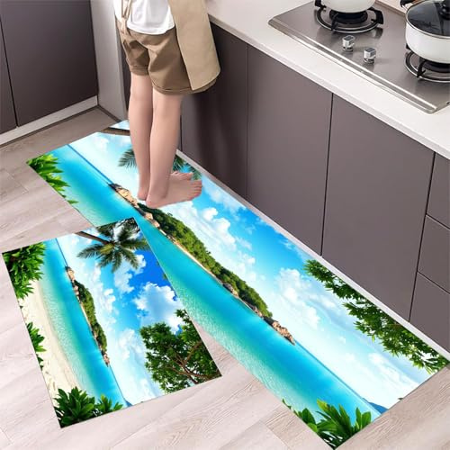 MLSOWM Küchenläufer Tropischer Strand – Küchenteppich mit Palmeninsel Teppichläufer rutschfest Pflegeleicht Teppich Läufer für Küche, Flur, Eingangsbereich, Esszimmer 40x60cm+40x120cm Türkis