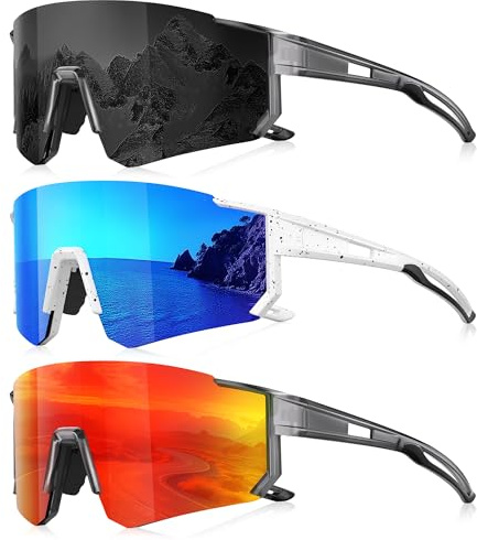 Foliful 3 Pack Polarized Sunglasses for Men Women, Sports Mens Sunglasses with UV400 Protection for Baseball Cycling Running, Gray/Ice Blue/Red