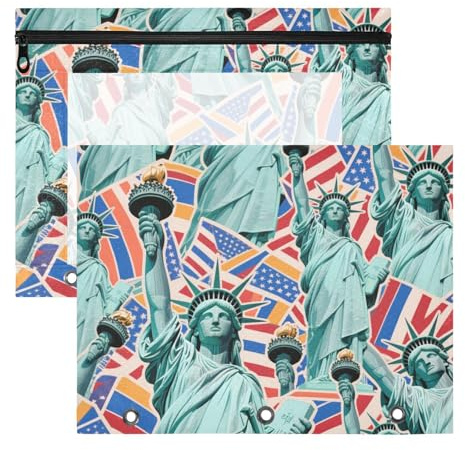WDdZzyy Cartoon Fashion Statue of Liberty Binder Pouches Sturdy Pen Holder Case for A4 Paper Letter 2 Pack Students College Supplies