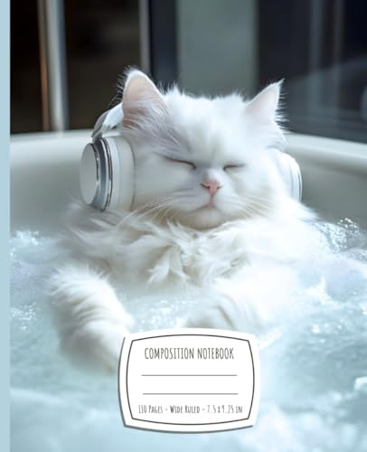 Composition Notebook Featuring Relaxed White Cat in Jacuzzi with Headphones, 110 Lined Pages, Wide Ruled, 7.5 x 9.25, Perfect Gift for Cat Lovers: ... Photography Cover | Matte Finish Cover