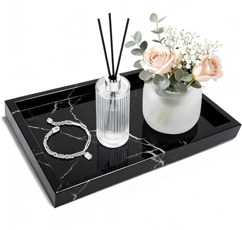 CHANGWAYNE Reines Naturmarmor-Tablett für Bad, Kommode, Waschbecken. Kosmetik, Pflegeartikel, Parfüms, Schmuck, Kerzen usw. können darauf platziert Werden. (Schwarz-weiße Wurzel, 12 x 8 x 1.2)