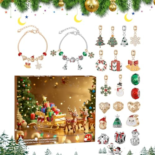 Gör-det-själv armbandsset med adventskalender - 24 dagars nedräkningskalender presentförpackning med 2 armband och 22 berlocker, Fes pärlsmycken tillverkningssats