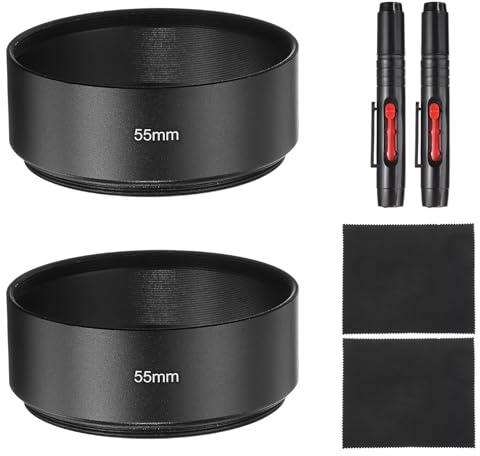 PATIKIL 2 Pezzi Paraluce, 55mm Montaggio Medio-Focale Standard Filettato Tappo Fotocamera Metallo Paraluce Con Panno Per Pulizia E Penna Per Pulizia, Nero