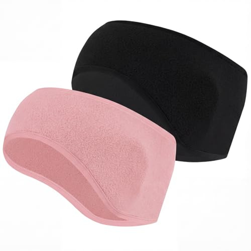 YAZWUR Lot de 2 bandeaux sport pour femme et homme, cache-oreilles bandeaux, serre-tête oreilles chaudes pour jogging, course, randonnée, vélo (noir, rose)