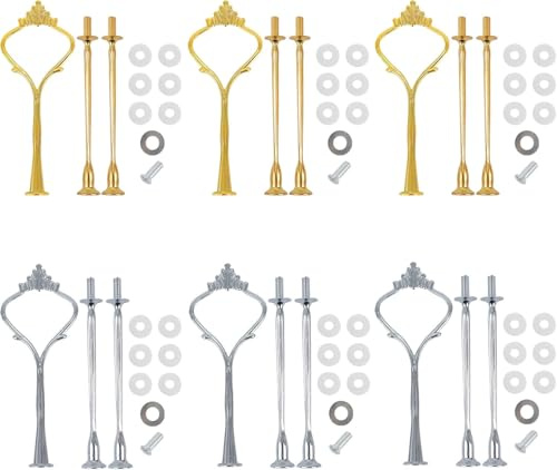 6 Set Etageren Stangen Set, Basicon Etagere Bausatz, Metallstangen Etagerenhalter Mittellochausstech 2 bis 3 stufig für Hochzeitstorte Tortenhalter Tortenständer Torten Etagere 3 etagen, Silber Gold