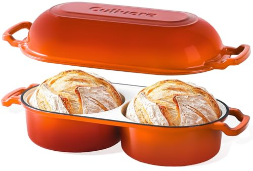 Culivora Cast Iron Bread Pan with Lid, Enamel Sourdough Baking Dutch Oven Pot, Double Round Loaf Space for Homemade Bread, Cake, Meatloaf, 16.5cm Diameter, 500°F Oven Safe, Non Stick, Orange