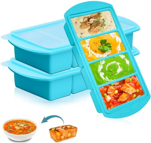 2 Pack Silicone Freezer Tray for Soup, Large Ice Cube Tray | Soup Portion Freezer Moulds with Lid, soup freezer containers, 4-Compartment ice cube trays silicone for Food, Broth