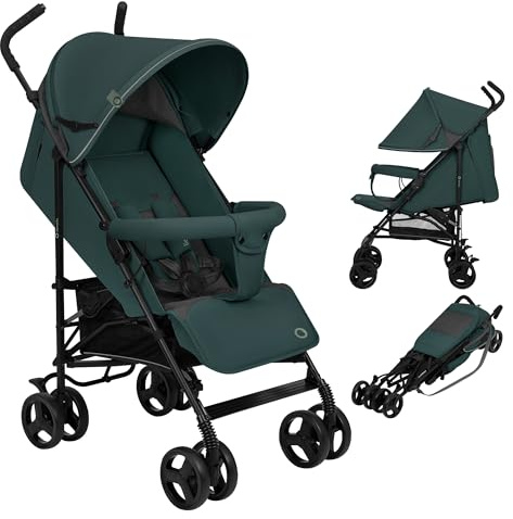 LIONELO Elia Lätt Barnvagn (6 mån–3 år upp till 15 kg), Hopfällbar och Resevänlig – Endast 7 kg, EVA-hjul med Fjädring, 4-positions Liggläge & Justerbart Fotstöd, XXL Sufflett med Myggnät, Grön grafit