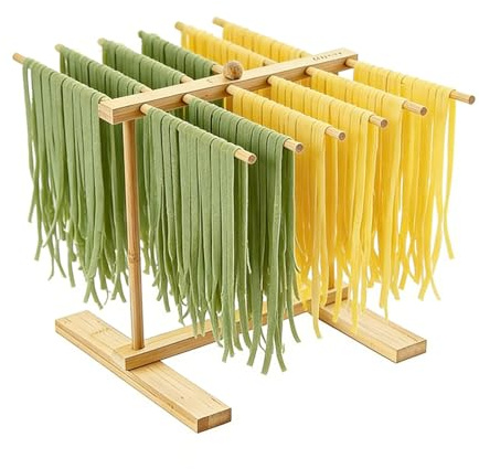 ZhouWei 30×27,5×29 cm Secador de Pasta de Madera, Secado de Pasta Plegable | Secador de Espaguetis con 12 Brazos Desmontables para Casera Espaguetis Eficiente e Higiénico Ahorra Espacio