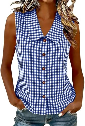 Women’s Gingham Check Sleeveless Peter Pan Collar Blouse Casual Plaid Button Down Shirts Cute Tank Top for Women UK Lightweight Breathable Summer Shirt Relaxed Fit Vintage Checked Vest Blouses