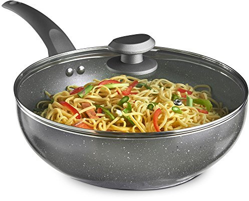 VonShef Non-Stick Wok, Induction Safe Non-Stick Frying Pan, Deep Aluminium Stir Fry Wok with Glass Lid & Stay Cool Handle, 28cm Diameter & Marble Finish