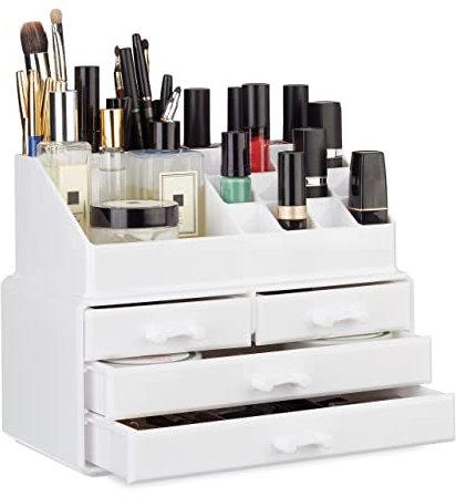 Relaxdays Organizer Make-up, Contenitore con Porta-Rossetti e 4 Cassetti, Acrilico, Beauty Box Salvaspazio, Bianco