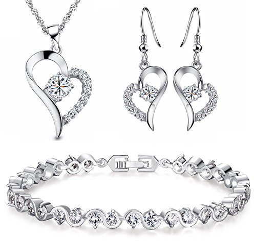 Kim Johanson Damen Schmuckset *Alexandra* in Silber I Halskette mit Anhänger & Ohrringe aus Edelstahl I Armband rhodiniert I Mit weißen Kristallen besetzt inkl. Schmuckbeutel