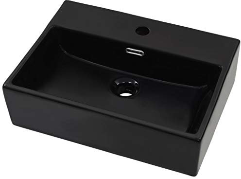 Tidyard Waschbecken zur Wandmontage oder als Aufsatzwaschbecken mit Hahnloch, Glasierte Keramik Schwarz, 51,5 x 38,5 x 15 cm (L x B x H)