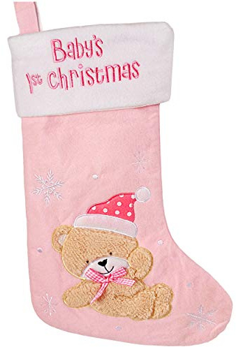 alles-meine.de GmbH 3D Effekt XL - Weihnachtssocke & Weihnachtsstrumpf - Baby´s First Christmas - Teddybär - rosa/pink - 45 cm - Mädchen Baby/Geburt - 1 Jahr - zum Aufhänge..