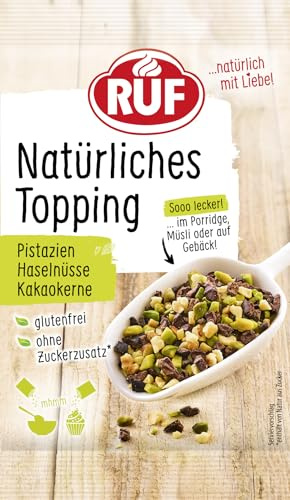 RUF Natürliches Topping mit Pistazien, Haselnüssen, Kakaokernen, ohne künstliche Zusatzstoffe, lecker auf Porridge, Müsli, glutenfrei und vegan, 30g