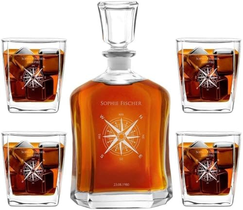 Maverton Whiskey Karaffe + 2/4 / 6er Whiskygläser Set mit Gravur - 700ml Whisky Dekanter - Geschenk zum Geburtstag für Damen - Kompass