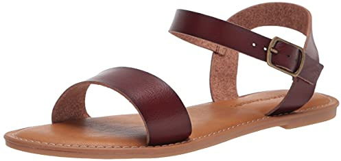 Amazon Essentials Women's Two Strap Buckle Sandal with Adjustable Ankle Strap, Brown, 10.5 Wide