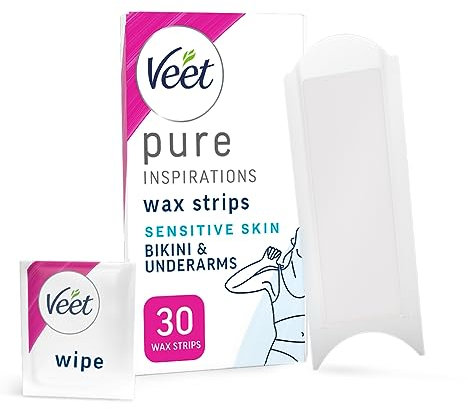 Veet Pure Cold Wax Strips for Bikini & Underarm, Sensitive Skin, 30 Count + 3 Wipes, Root Hair Removal, 28 Days Smoothness, Hypoallergenic Formula, Packaging Varies