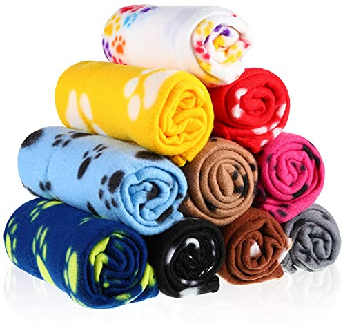 Tatuo 10 Pieces Pet Blankets with Paw Print Dog Cat Fleece Blankets Soft Warm Sleep Mat Pad Bed Cover for Kitten Puppy and Other Small Animals, 24 x 28 Inch(Vibrant Color)