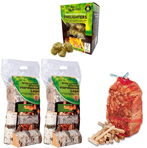 AMOS Premium Holzbündel, ca. 16 kg, echtes Hartholz, Birkenholzscheite + 300 g Wolle Anzünder Natur + ofengetrocknetes natürliches Anzündholz 3 kg für Holzbrenner, Grills, Lagerfeuer